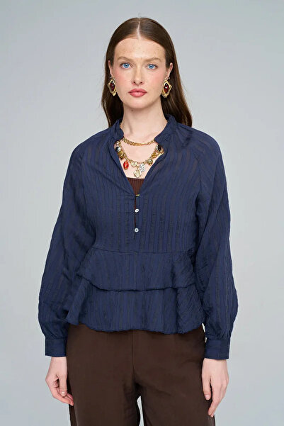 Orfeo Negro Oversized Navy Blue Shirt with Ruffle Detail on the Collar