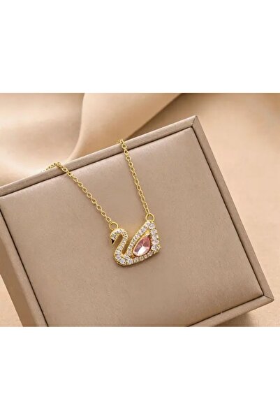Umrece Swan Model Pink Stone Gold Steel Necklace