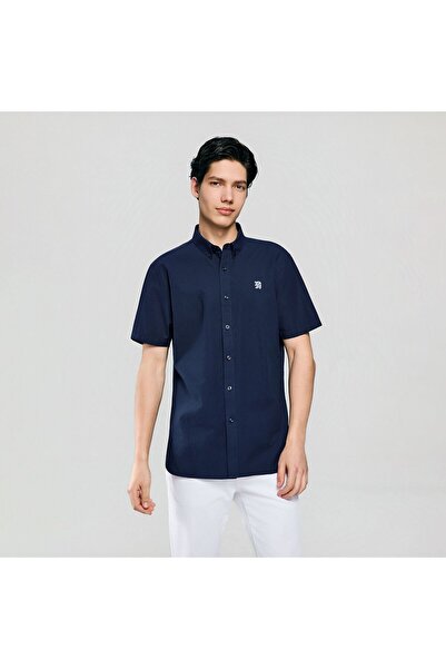 Giordano Men’s Cotton Oxford Slim Fit Short-Sleeve Shirt with Embroidery