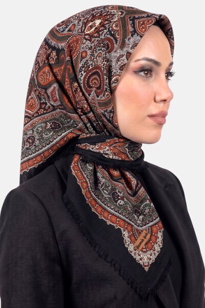hadiora Women's Black Orange Ethnic Patterned Flared Scarf