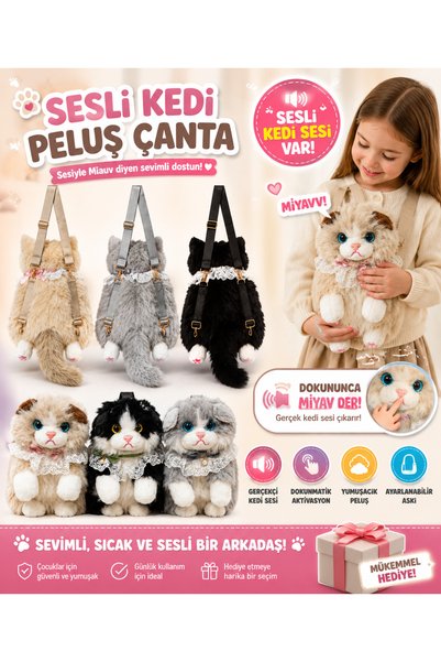 PONİKİDO Plush Cat Bag with Sound – Meowing Children's Backpack and Shoulder Bag with Adjustable Strap