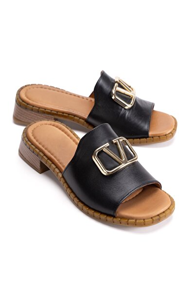 PASSAGE SHOES Women's Genuine Leather Buckle Detailed Slippers 6375 Black