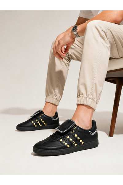 DİAMOND OUTLET Pantofi sport casual unisex cu detalii accesorii din aur negru