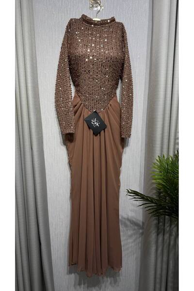 Jood Mocha Embroidered Evening Dress with Long Sleeves