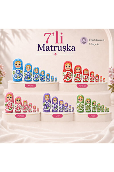 1DepoBu 7’li Matruşka Bebek Seti | Dekoratif Ahşap Matruşka Oyuncak 5 Renk Se...