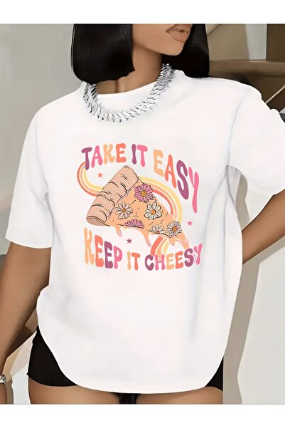 NOURAM قميص رياضي نسائي غير رسمي مع طباعة بيتزا ممتعة بعبارة "Take Easy, Keep...