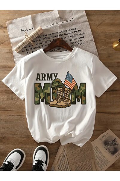23 nisan Mom Themed T-Shirt, Featuring Camouflage Letters/Military Boots/Flag...