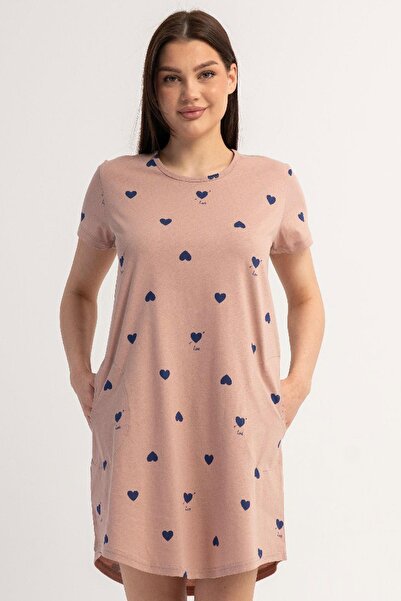 VİENETTA Kadın Kısa Kollu Pudra Pembe Kalp Desenli Gecelik Tunik C1T2N0106