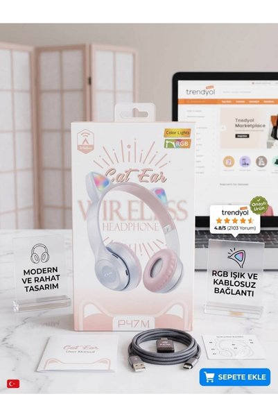Empressco P68 Kablosuz Bluetooth Kulaklık Led Işıklı Mikrofonlu Kedili Kulaklık Bt5.0