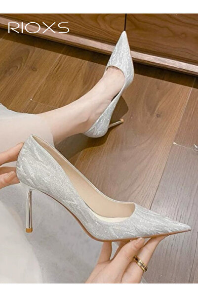 RIOXS Women's Stiletto Heel Pointed Toe Pumps, 7cm Closed Toe Silver Sparkly ...