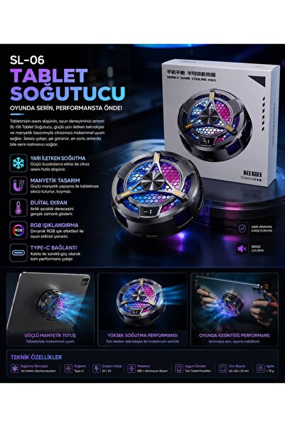 SL-06 Manyetik Tablet Soğutucu RGB Dijital Ekranlı Type-C Yarı İletken Oyun Soğutma Fanı 5V/2A