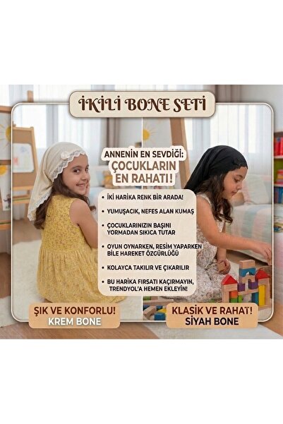 tayuya İkili Set Kız Çocuk Esnek Viskon Üçgen Bone KREM / SİYAH 2-9 Yaş Gül T...