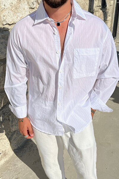 OUTFİT MAN Slim Striped Oversize Shirt with Pockets White