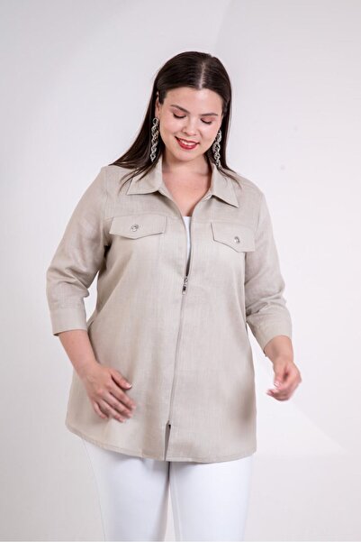 Roxxlen Women's Plus Size Zipper Detailed Shirt