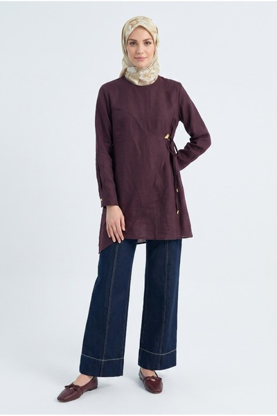 Armine Trend Liyosel Doğal Kumaş Düğme Detaylı Asimetrik Tunik TAM KALIP