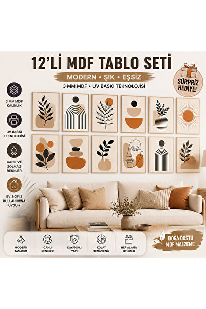 kids town 12'li Bohem Modern Duvar Tablosu Seti | Çerçeve Görünümlü 3 mm MDF ...