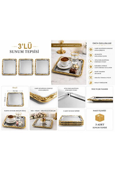 Turkco Self-Patterned Gold Framed Stainless Steel Presentation Tray 21.5X21.5...