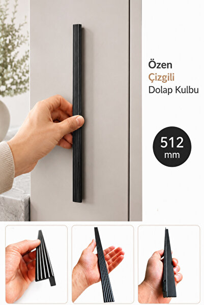 Badem10 Özen Çizgili Mat Siyah 1 Adet 512 mm Mobilya Kulpu Metal Çekmece Dola...