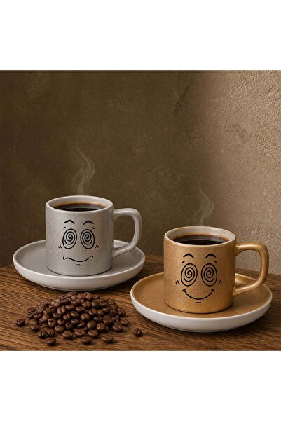 Bk Gift Set of 2 Silver and Gold Colored Emoji Face Design Ceramic Turkish Co...