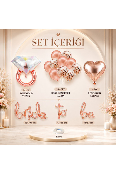 Doğasüs Bride to be rose gold balon seti kalpli set yüzük balon