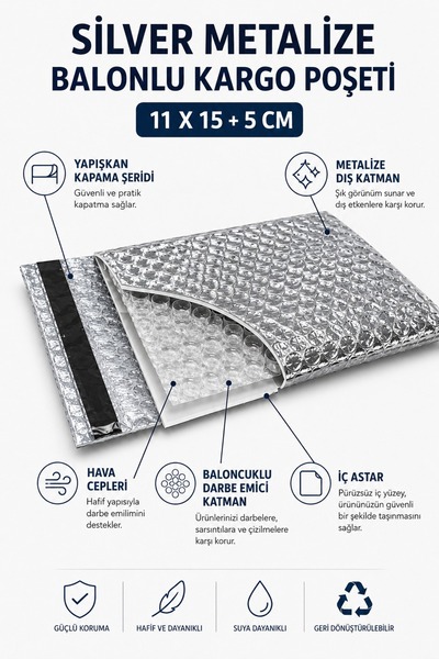 Ezupack Silver Metalize Cool Mailer Balonlu Bantlı Torba (11x15+5) Kargo Torb...