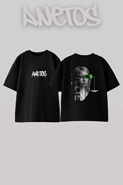 Anetos تي شيرت أسود كبير الحجم مطبوع بتصميم Billie Eilish_161