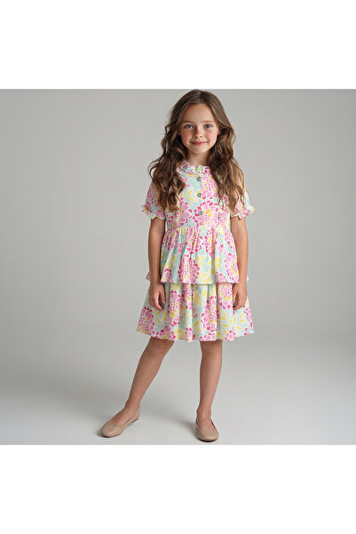 Kidyra Girl's Floral Patterned Ruffle Detailed Layered Short Sleeve Dress