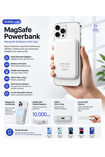 thekam 10.000 mAh MagSafe Kablosuz Powerbank Manyetik Hızlı Şarj Cihazı iPhon...