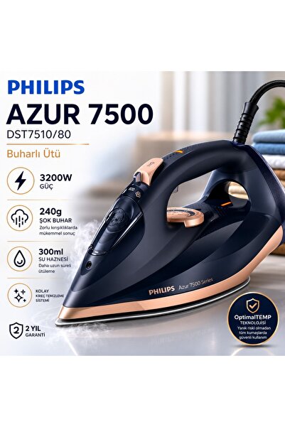 Philips 7500 Serisi Buharlı Ütü, 3200W, 55 g/dk Sürekli Buhar, SteamGlide Eli...