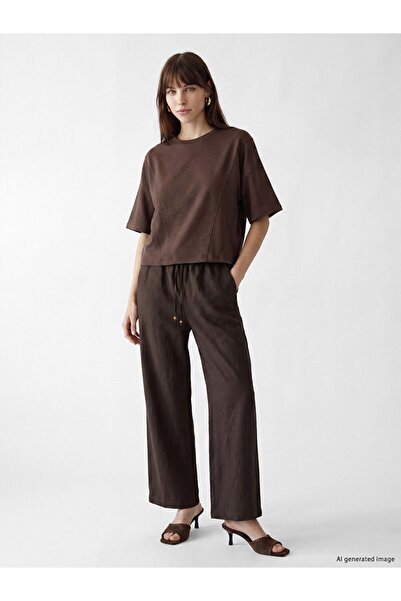 LC Waikiki Lcw Vision Brown 100% Linen Women's Trousers with Elastic Waist