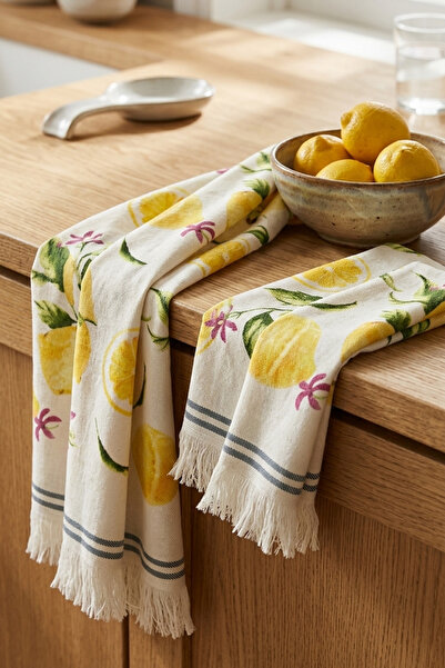 Nilteks Set of 5 Lemon Patterned Fringed Kitchen Napkins - 40X60 cm 100% Cott...