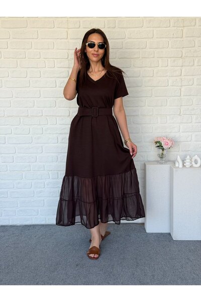 Goncalya Chiffon Detailed Belted Modal Dress Brown
