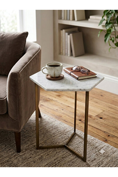Bloom&Co Modern Altıgen Doğal Mermer Yan Sehpa - Pirinç Eskitme Ayaklı