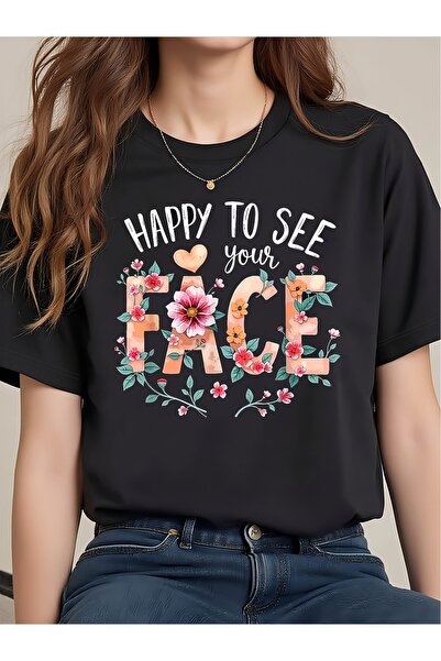 23 nisan تي شيرت نسائي بطباعة "HAPPY to SEE" مع قلب صغير أسفلها وحروف A، ياقة...