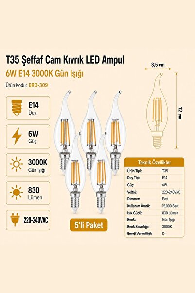 Heka T35 Şeffaf Cam Kıvrık LED Ampul 6W E14 3000K Gün Işığı ERD-309 5'li