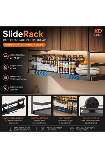 kd home Raft Expandabil Dulap Bucatarie Metalic SlideRack, Organizator Reglabil Raft Glisant, Pana La 10kg, Gri