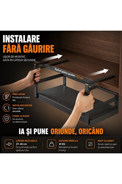 kd home Raft Expandabil Dulap Bucatarie Metalic SlideRack, Organizator Reglabil Raft Glisant, Pana La 10kg, Gri