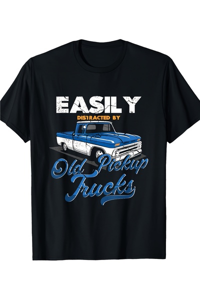 23 nisan Easily Distracted By Old Trucks Vintage Graphic T-Shirt - Black Retr...
