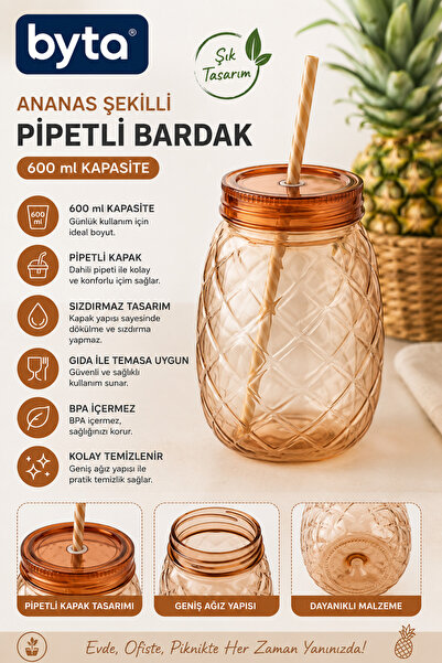 BYTA 600 ml Pineapple Design Cup with Straw – with Lid, Bpa-Free, Reusable