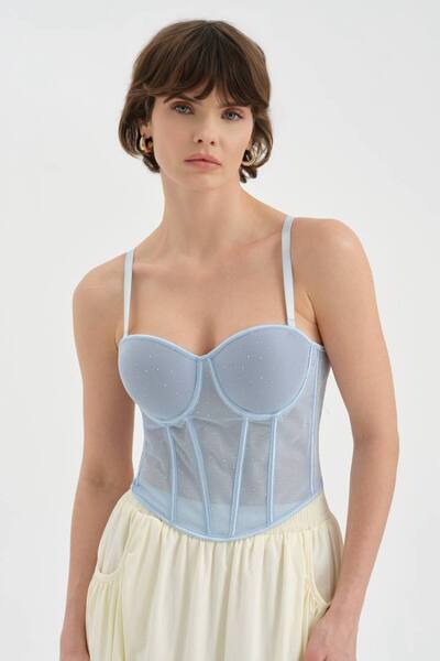 tw3 Women's Tulle Detailed Design Crop Corset with Adhesive Stones