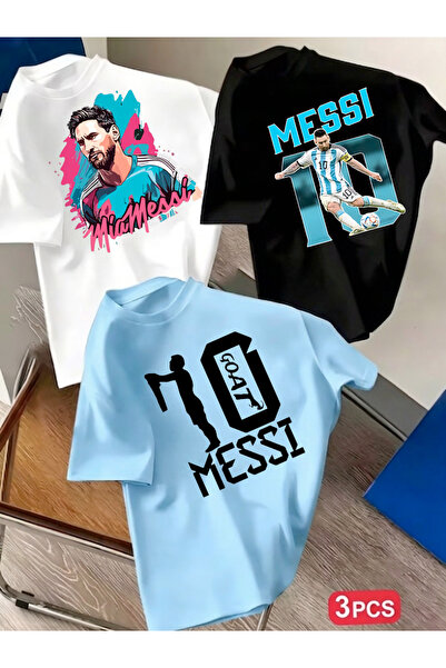 STİL-X New Season Messi Printed 3-Piece Set Boys' T-Shirt, 100% Cotton Soft F...