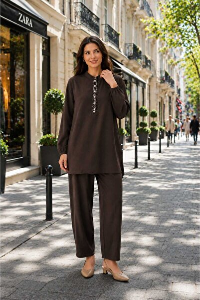 Puane Women's Elastic Sleeves and Embroidered Top and Bottom Pants Set