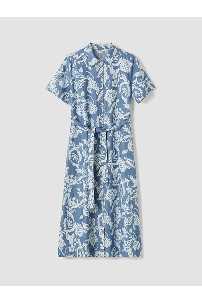LC Waikiki Lcw Everyday Blue Shirt Collar Patterned Belted Waist Jean Dress
