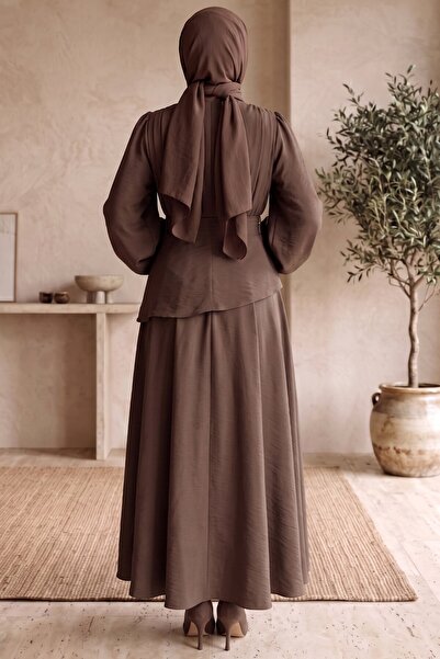 hadiora Drawstring Asymmetrical Layered Detailed Hijab Dress - Balloon Sleeve Cape Dress