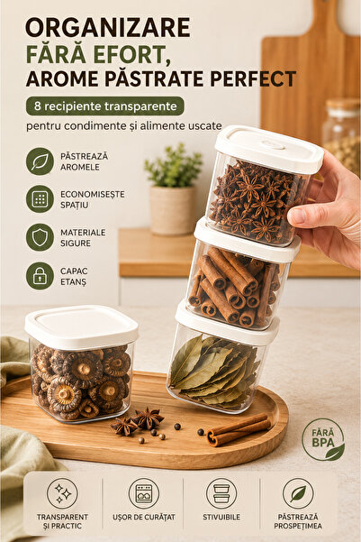 PUPSI Set 8 Recipiente Etanșe pentru Condimente, 400 ml, cu Capace, Organizat...