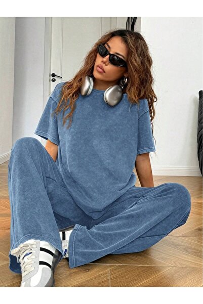 ZAVIXO Women's Washed Oversize Set – T-Shirt and Wide Leg Pants, 2 Pieces
