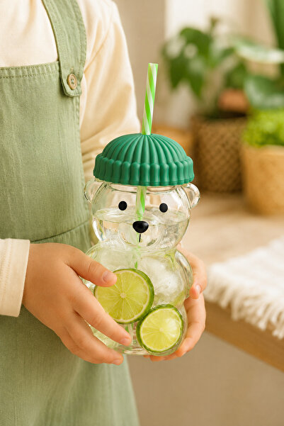 İnterlife Teddy Bear Cup Green Color Soft Drink Smoothie Cup with Straw Boros...