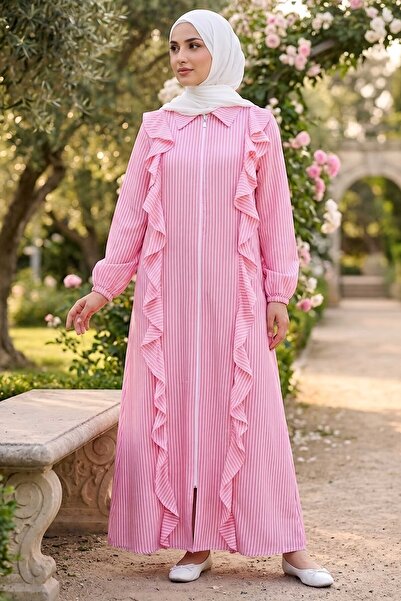 TOFİSA Çizgili Fırfırlı Detaylı Ferace Pembe - 2040-PEMBE