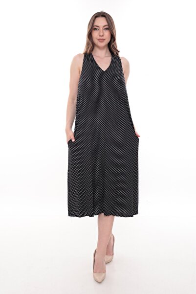 etselements Mink Abstract Patterned V-Neck Midi Dress