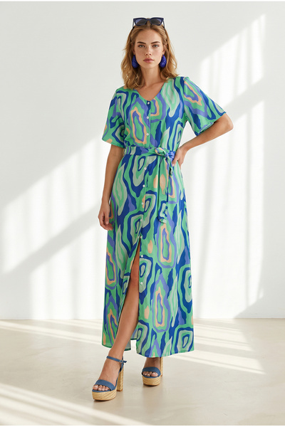 Olalook Women's Abstract Green Buttoned Belted Maxi Viscose Shirt Dress Elb-1...
